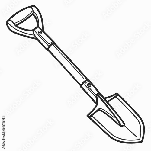 A black and white line drawing illustration of a garden shovel with a d shaped handle for digging