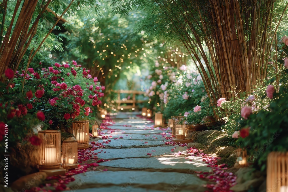 Enchanting Garden Pathway Adorned with Blossoms, Lanterns, and Soft Lighting, Creating a Serene and Romantic Atmosphere for Outdoor Events and Gatherings Enchanting Garden Pathway Adorned with Blossoms, Lanterns, and Soft Lighting, Creating a Serene and Romantic Atmosphere for Outdoor Events and Gatherings