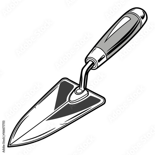 A detailed illustration of a gardening trowel with a pointed metal blade and a comfortable grey handle