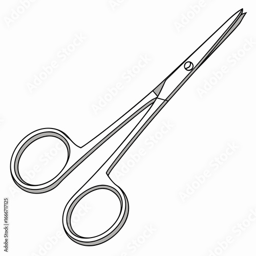 A detailed illustration of a surgical scissor with thin blades and finger loops on a white background