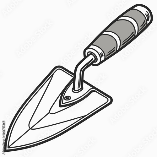 A simple black and white illustration of a garden trowel with a gray handle on a white background