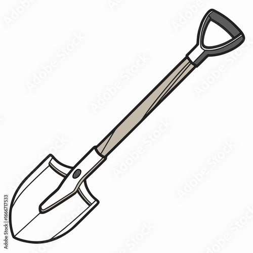 A simple illustration of a garden shovel with a gray handle and a metal blade on a white background