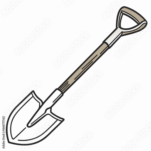 A simple illustration of a garden spade with a wooden handle and a metal scoop on a white background