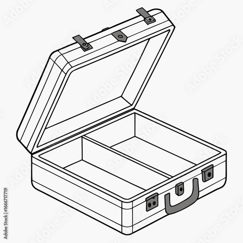 An open empty black and white illustration of a divided briefcase with a handle and clasps