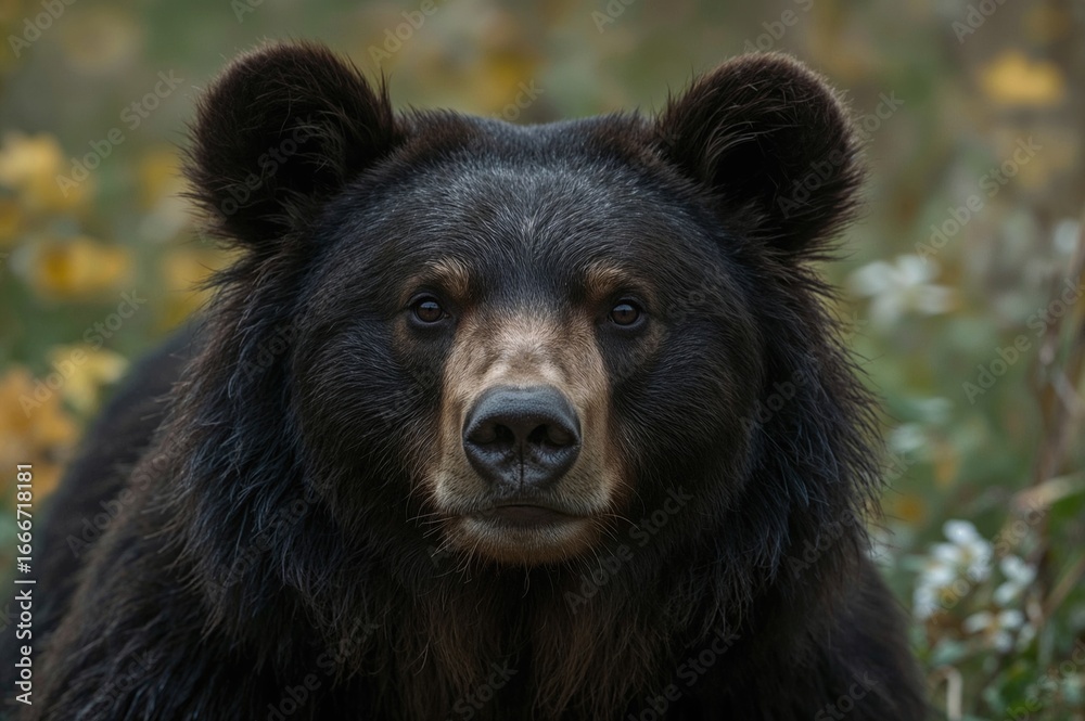Fototapeta premium Close-up of a black bear's face staring into the lens in a fall meadow