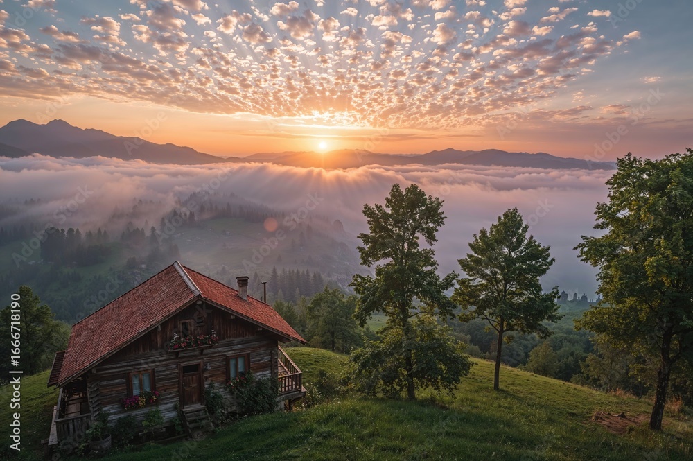 Fototapeta premium Stunning sunrise with soft, low-hanging clouds drifting over mountain hillsides