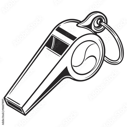 Classic black and white illustration of a sports referee whistle with a metal ring and lanyard attachment