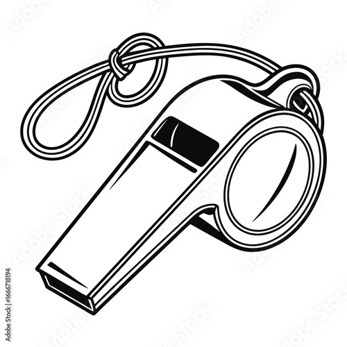 Classic black and white illustration of a sports whistle with a lanyard tied in a knot