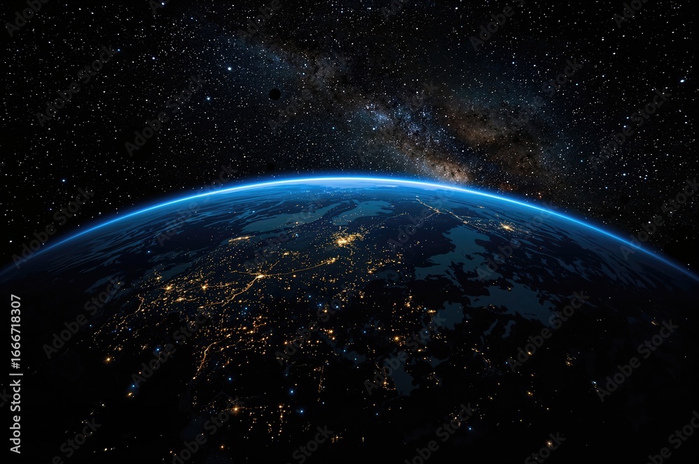 Fototapeta premium Stunning nighttime view of Earth showing illuminated cities across multiple continents under a star-filled sky.