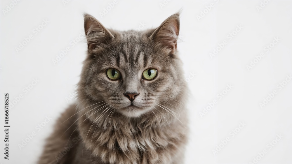 Fototapeta premium Cute gray striped kitten against a white backdrop