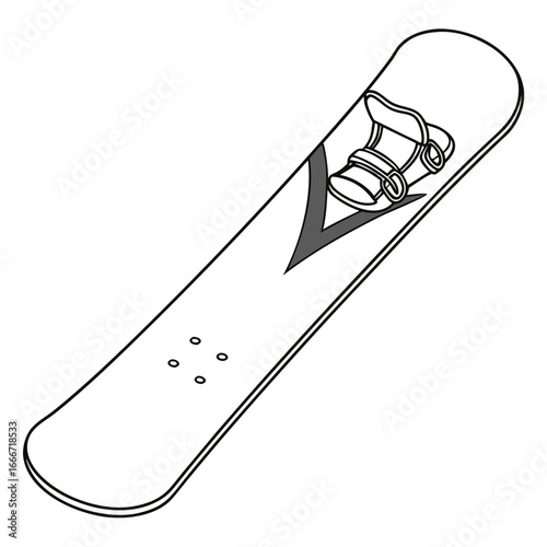 Clean line art illustration of a snowboard with bindings and graphic design elements on a white background