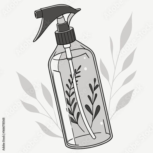 Clear spray bottle with botanical plant illustration inside and subtle leaf background