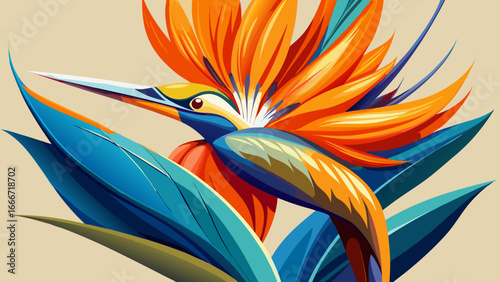 Close-up exotic bird of paradise, vivid orange and blue petals gleam against clean background, elegant minimalism highlights structural beauty, semi-realistic abstraction immortalizing timeless botani