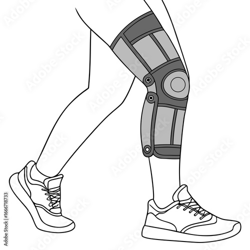 Close up of a person s legs wearing a medical knee brace and athletic shoes in motion