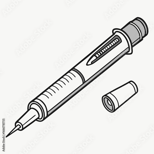 Close up of a medical injection pen with needle and cap isolated on white background