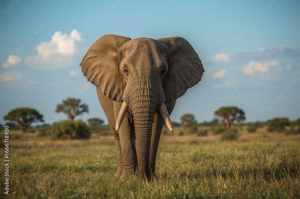 Fototapeta premium A large Loxodonta Africana elephant roaming in a private wildlife reserve