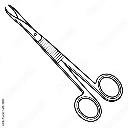 Detailed black and white line drawing of surgical forceps with serrated handle and fine tips