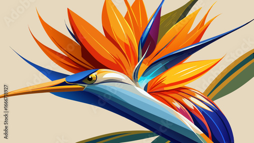 Close-up exotic bird of paradise, vivid orange and blue petals gleam against clean background, elegant minimalism highlights structural beauty, semi-realistic abstraction immortalizing timeless botani