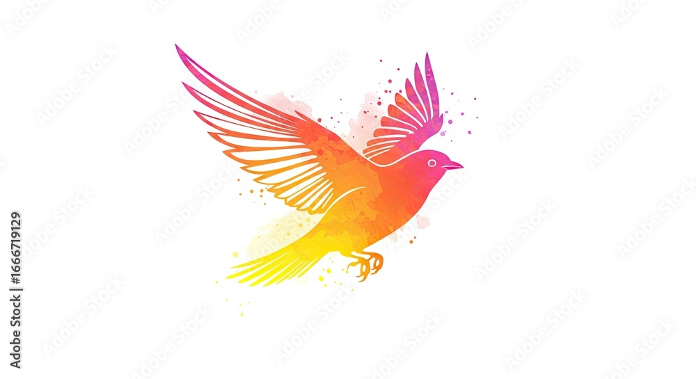 Fototapeta premium Watercolor Bird Silhouette with Colorful Wings in Flight: Symbol of Freedom, Peace, and Nature's Beauty and Artistic Expression