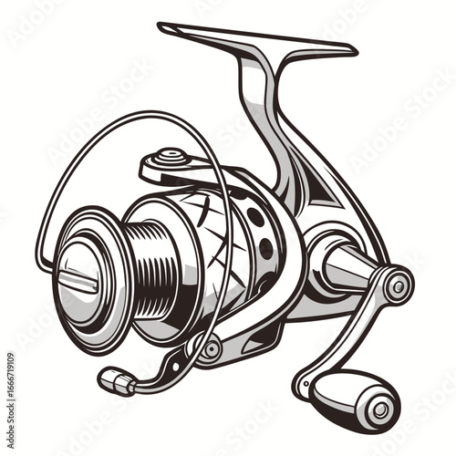 Detailed illustration of a modern spinning fishing reel with a silver metallic finish and black accents