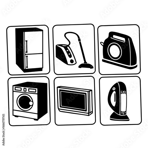 Collection of home appliances icons including refrigerator, vacuum, toaster