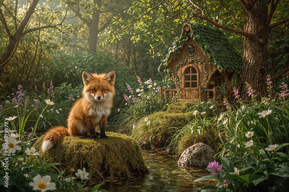 Obraz premium Charming fox resting in a forest clearing beside a tree stump and hollow