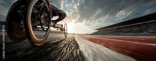 Paralympic athlete racing in a hand cycle on a track