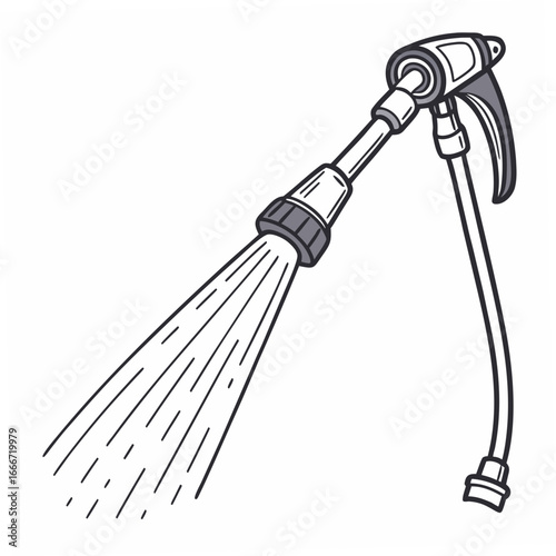 Handheld garden hose nozzle spraying a stream of water with a simple line drawing style