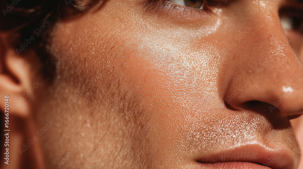 Fototapeta premium Smooth hydrated skin close up on man cheek and nose showing natural texture and healthy glow with fine facial hair and pores visible in macro shot