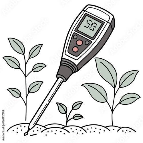 Handheld soil tester device measuring moisture and ph levels near young plants in garden
