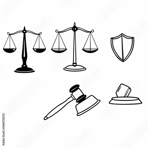 Illustration of justice symbols including scales, gavel, shield and ballot box
