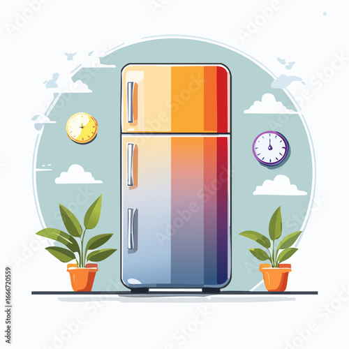 Colorful Gradient Refrigerator Illustration With Plants And Clock