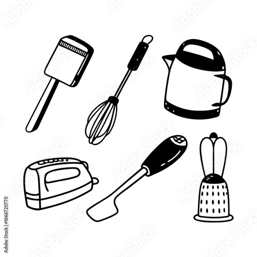 Collection of kitchen utensils featuring spatula, whisk, kettle, toaster and grater