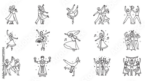 Dance line icon set, vector pictograms of diverse people dancing styles: ballet, salsa, hip-hop, traditional folk, tango, jazz, samba, flamenco, disco freestyle.