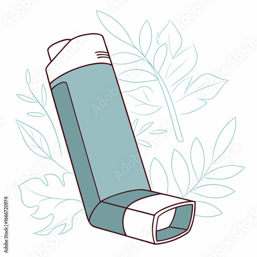 Illustration of a teal and white inhaler with subtle green leaf outlines in the background