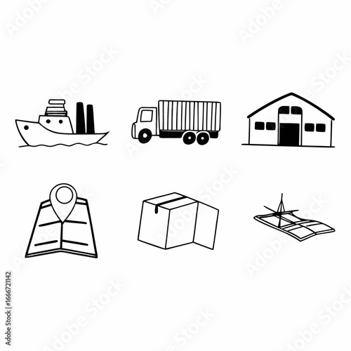 Illustration of delivery truck, ship, warehouse, map, package, and airplane