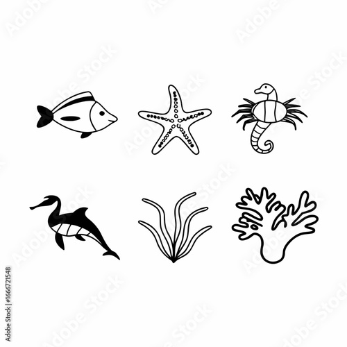 Set of marine animals and plants such as fish, starfish, seahorse, dolphin, seaweed and coral
