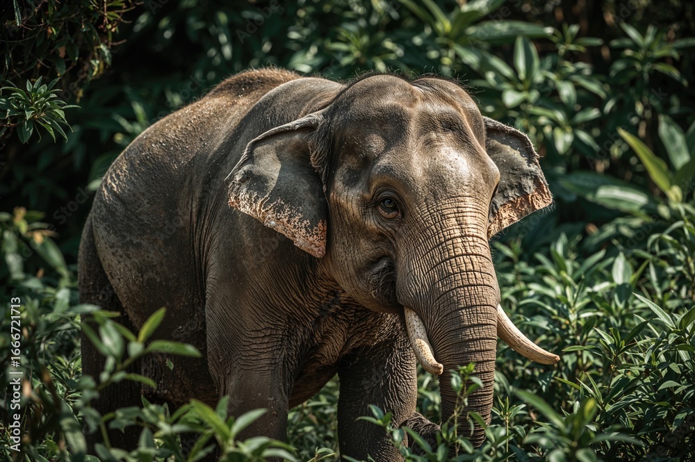 Fototapeta premium An elephant wanders freely in an ethical sanctuary for animals.