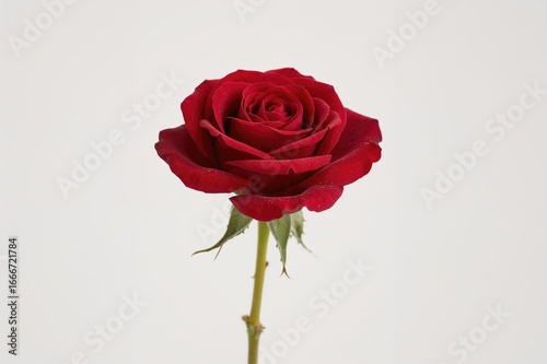 A solitary deep red rose se...