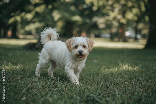 A tiny cute puppy walking t...