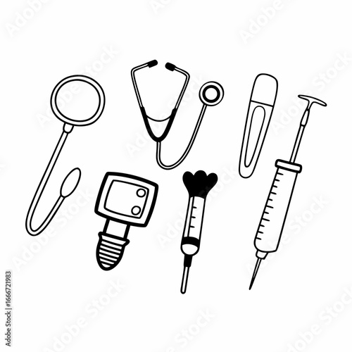 Medical equipment including stethoscope, syringe, otoscope, and ophthalmoscope