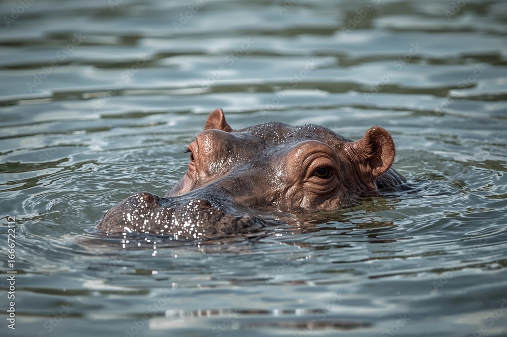 Fototapeta premium Partially Underwater Hippo Head in a Water Body