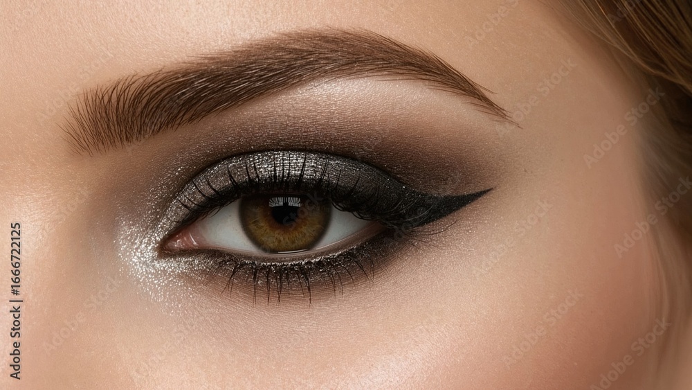 Obraz premium Close-up of a female eye featuring elegant smokey eye makeup