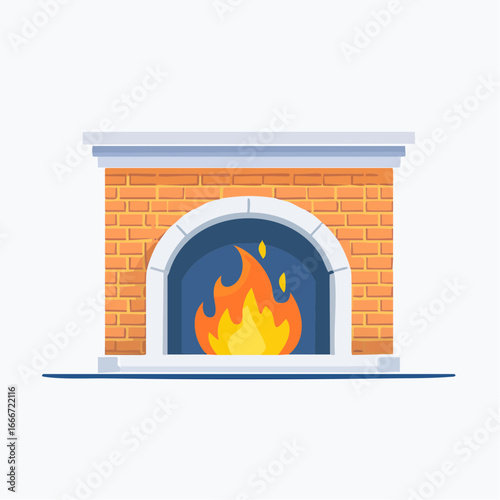 Simple Illustration Of Brick Fireplace With Fire