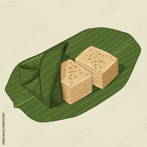 Flat vector of Indonesian Kue Bugis, a sweet glutinous rice dessert, cut open in a banana leaf, revealing delicious palm sugar filling with minimal shadows.