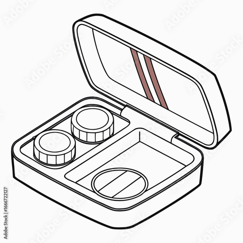 Open contact lens case with two lenses and a mirror for eye care and vision correction
