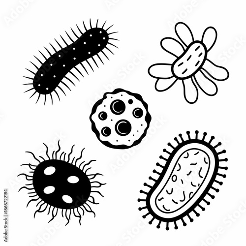 Illustration of various microbes and viruses, showcasing different shapes