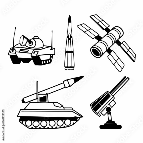 Set of military and army icons, representing war, defense, and technology