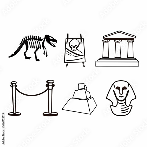 Collection of museum related icons, including dinosaur skeleton, pyramid and sphinx