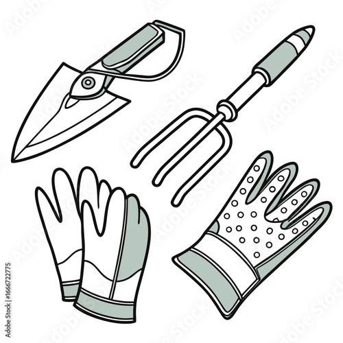 Set of essential gardening tools including a trowel hand fork and protective gloves on a white background